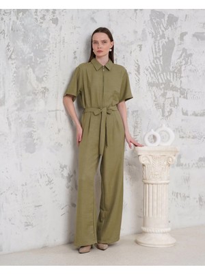 Luord - Store Kuşaklı Gömlek Yaka Salaş Tulum Haki S255822