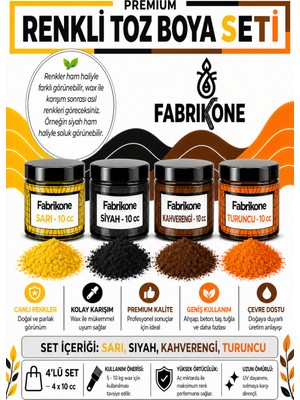 Fabrikone Toz Mum Boyası Seti 10 cc 4’lü – Soya & Parafin Wax Için – Sarı, Siyah, Kahverengi, Turuncu BKFAB4SRSKHT10G