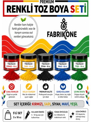 Fabrikone Toz Mum Boyası Seti 10 cc 5'li – Soya & Parafin Wax Için – Kırmızı, Sarı, Siyah, Mavi, Yeşil BKFAB5KSRSMY10G