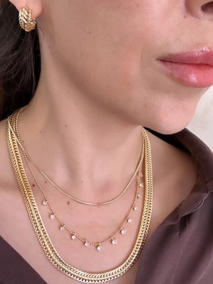 Vip Gold 3’lü Taş&örgü Detaylı Şık Kolye Kombini
