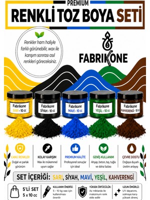 Fabrikone Toz Mum Boyası Seti 10 cc 5'li – Soya & Parafin Wax Için – Sarı, Siyah, Mavi, Yeşil, Kahverengi BKFAB5SRSMYKH10G