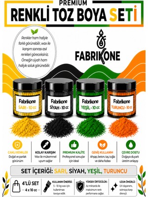 Fabrikone Toz Mum Boyası Seti 10 cc 4’lü – Soya & Parafin Wax Için – Sarı, Siyah, Yeşil, Turuncu BKFAB4SRSYT10G