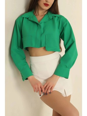 Luord - Store Poplin Crop Gömlek Yeşil S3060