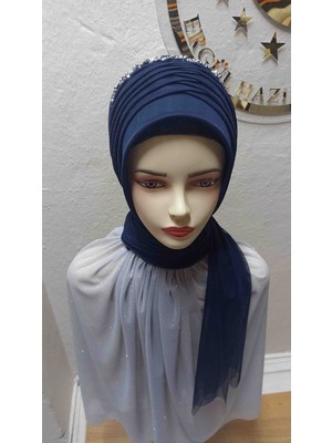 Ergül Hazır Duvak Simsiz Koyu Lacivert Tekli Aksesuarlı Hazir Turban,hazır Duvak,hazır Şal,abiye Şal, Düğün,sünnet,mezuniyet