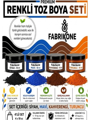 Fabrikone Toz Mum Boyası Seti 10 cc 4’lü – Soya & Parafin Wax Için – Siyah, Mavi, Kahverengi, Turuncu BKFAB4SMKHT10G