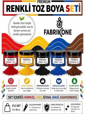 Fabrikone Toz Mum Boyası Seti 10 cc 5'li – Soya & Parafin Wax Için – Kırmızı, Sarı, Siyah, Mavi, Kahverengi BKFAB5KSRSMKH10G