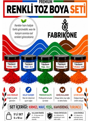 Fabrikone Toz Mum Boyası Seti 10 cc 5'li – Soya & Parafin Wax Için – Kırmızı, Mavi, Yeşil, Kahverengi, Turuncu BKFAB5KMYKHT10G