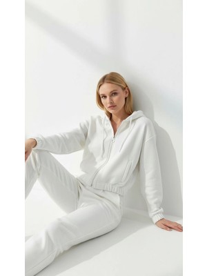 Luord - Store 3 Iplik Şardonlu Kapşonlu Fermuarlı Kısa Üst Beyaz PAT8590