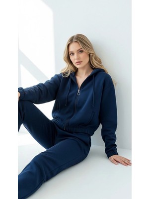 Luord - Store 3 Iplik Şardonlu Kapşonlu Fermuarlı Kısa Üst Lacivert PAT8590