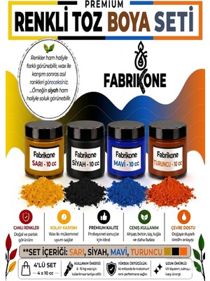 Fabrikone Toz Mum Boyası Seti 10 cc 4’lü – Soya & Parafin Wax Için – Sarı, Siyah, Mavi, Turuncu BKFAB4SRSMT10G