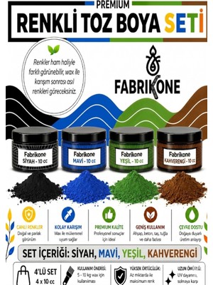 Fabrikone Toz Mum Boyası Seti 10 cc 4’lü – Soya & Parafin Wax Için – Siyah, Mavi, Yeşil, Kahverengi BKFAB4SMYKH10G