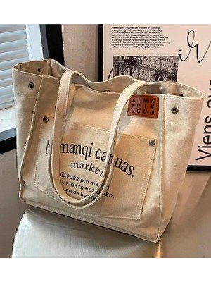 Canuas Bej Organik Kanvas Kumaş Tote Cepli Büyük Omuz Çantası