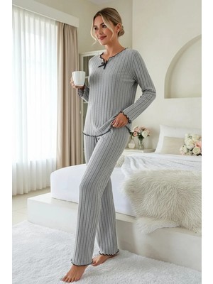 Luord - Store Kadın Gri Çizgili Uzun Kollu Fiyonk Detaylı Pijama Takımı Rahat Mevsimlik