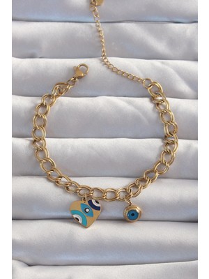 Luord - Store 316L Çelik Gold Renk Nazarlı Kalp Model Zincir Bileklik