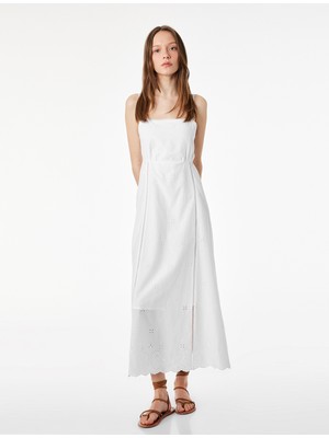 Koton Ip Askılı A Kesim U Yaka Pamuklu Nakışlı Uzun Fisto Elbise