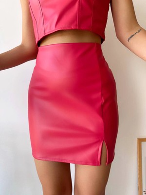 Luord - Store Tek Yırtmaçlı Arkadan Fermuarlı Deri Etek Fuşya S24475