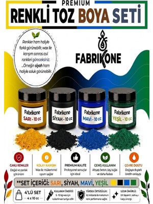 Fabrikone Toz Mum Boyası Seti 10 cc 4’lü – Soya & Parafin Wax Için – Sarı, Siyah, Mavi, Yeşil BKFAB4SRSMY10G
