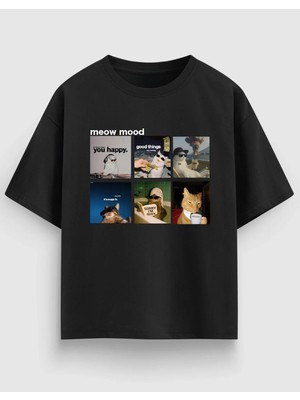 Meow Mood Kedi Grafik Baskılı Oversize Tişört %100 Pamuk Unisex Streetwear