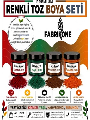 Fabrikone Toz Mum Boyası Seti 10 cc 4’lü – Soya & Parafin Wax Için – Kırmızı, Yeşil, Kahverengi, Turuncu BKFAB4KYKHT10G