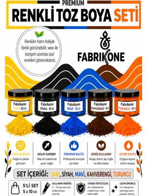 Fabrikone Toz Mum Boyası Seti 10 cc 5'li – Soya & Parafin Wax Için – Sarı, Siyah, Mavi, Kahverengi, Turuncu BKFAB5SRSMKHT10G