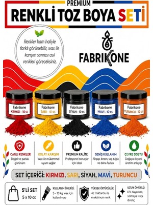Fabrikone Toz Mum Boyası Seti 10 cc 5'li – Soya & Parafin Wax Için – Kırmızı, Sarı, Siyah, Mavi, Turuncu BKFAB5KSRSMT10G