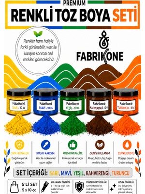 Fabrikone Toz Mum Boyası Seti 10 cc 5'li – Soya & Parafin Wax Için – Sarı, Mavi, Yeşil, Kahverengi, Turuncu BKFAB5SRMYKHT10G