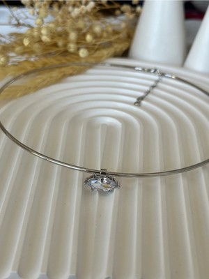 Vip Silver Markiz Taş Detaylı Choker Kararmaz Çelik Kolye 45+5 cm