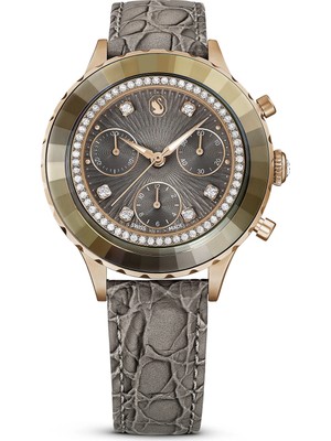 Swarovski Octea Chrono Saat Deri Kayiş Gri Pembe Altin Rengi Yüzey