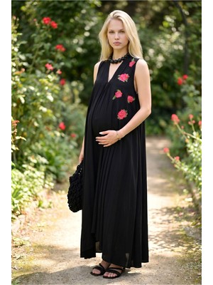 Park Moda Kadın Siyah Nakışlı Viskon Hamile Elbisesi Kolsuz Uzun Yazlık Elbise