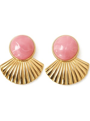 Nergis Collection Pembe Taşlı Gold Yelpaze Küpe – Vintage Şık Büyük Boy Kadın Küpe