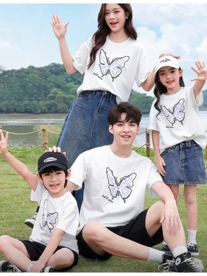 Nigrum Pardus Nıgrum Pardus Özel Seri Kelebek Baskılı %100 Pamuk Anne-Baba-Çocuk Aile Kombini T-Shirt