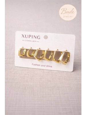 Xuping 14K Gold Renginde 3 Çift (6 Adet) Kararmaz Kadın Halka Köşeli Küpe (Kıkırdak + Lobe Kombini)