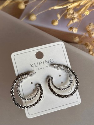 Xuping Silver Örgü Detaylı Taşlı C Model Kararmaz Hipoalerjenik Küpe