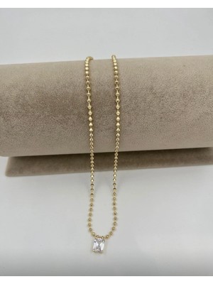 Vip Gold Dikdörtgen Tek Taş Uçlu Şık Kolye 40+5 cm