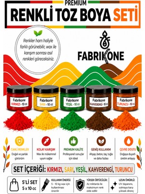 Fabrikone Toz Mum Boyası Seti 10 cc 5'li – Soya & Parafin Wax Için – Kırmızı, Sarı, Yeşil, Kahverengi, Turuncu BKFAB5KSRYKHT10G