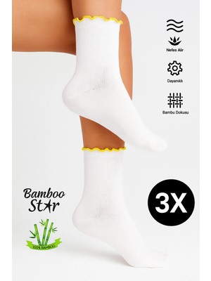 Bamboo Star Bambu Kadın Sarı Fırfırlı Lastiksiz Dikişsiz Kadın Soket 3lü Beyaz Çorap/iz Bırakmaz Sıkmayan Çorap