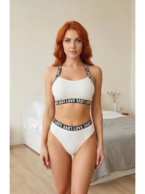 Luord - Store Kadın Beyaz Çapraz Sırt ve Love Yazı Detaylı Iç Çamaşır Takımı – Modern, Konforlu