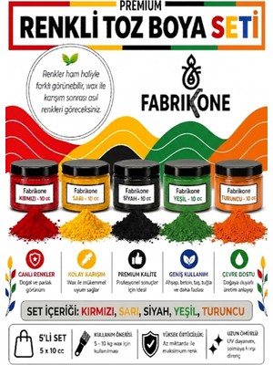 Fabrikone Toz Mum Boyası Seti 10 cc 5'li – Soya & Parafin Wax Için – Kırmızı, Sarı, Siyah, Yeşil, Turuncu BKFAB5KSRSYT10G