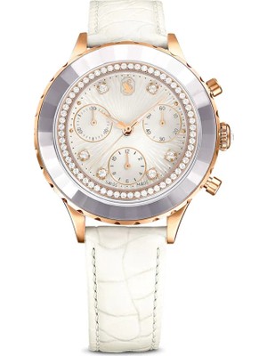 Swarovski Octea Chrono Saat Deri Kayiş Beyaz Pembe Altin Rengi Yüzey