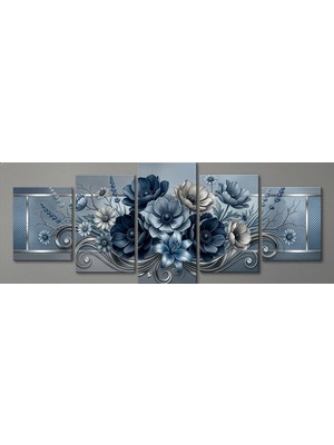 Dünyatablo Gümüş Detaylı Mavi Çiçekler- 5 Parçalı Premium Metal Tablo Seti