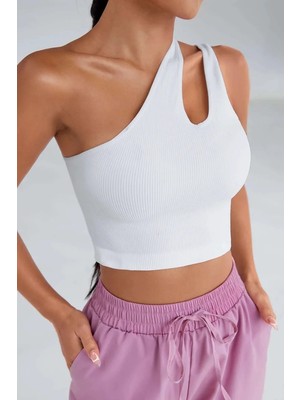 Luord - Store Kadın Beyaz Tek Omuz Cut Out Detaylı Crop Top Bluz – Şık, Rahat ve Kolay Kombinlenebilir