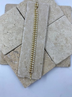 14K Vip Seri 2li Bileklik Top Plaka Taşlı Plaka Sıralı Kadın Bileklik