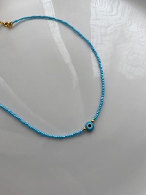 Anetta Jewelry Kadın Mavi Nazar Boncuklu Turkuaz Boncuk Altın Kaplama Kolye (40 cm ve Uzatma Zinciri Mevcut)