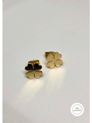 Gold Renk Minimal Çelik Yonca Küpe