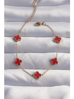 Luord - Store Mey Ithalat® 316L Çelik Baby Boy Gold Renk Kırmızı Mineli Yonca Bileklik