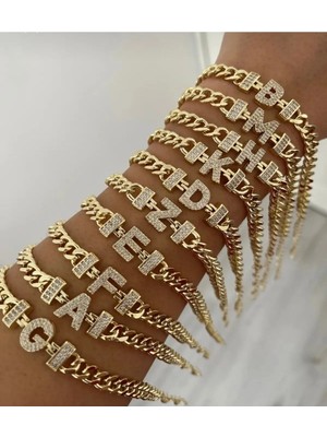 Nergis Collection Kişiye Özel Harf Bileklik C Harfi – Taşlı Gold Zincir Isim Baş Harf Bileklik
