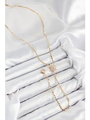 Luord - Store Pirinç Zirkon Taşlı Ezme Zincirli Kutup Yıldızı Model Gold Renk Y Kolye - Lisinya