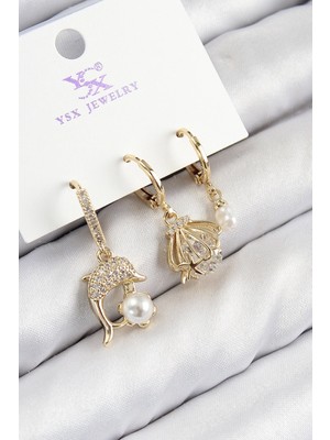 Luord - Store Mey Ithalat® Pirinç Zirkon Taşlı 3'lü Yunus Balığı ve Istiridye Model Gold Renk Kadın Küpe