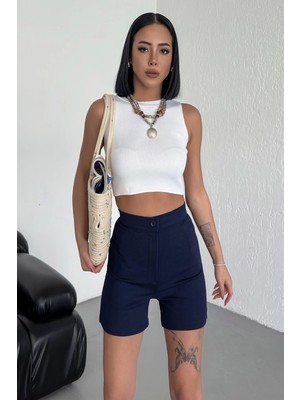 Luord - Store Tarz ve Rahatlığı Bir Arada Sunan Yüksek Bel Esnek Likralı Krep Şort Lacivert ( Lisinya )