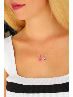 Luord - Store Nazar Boncuklu Pembe Renk Taşlı Rose Bayan Kolye - Lisinya